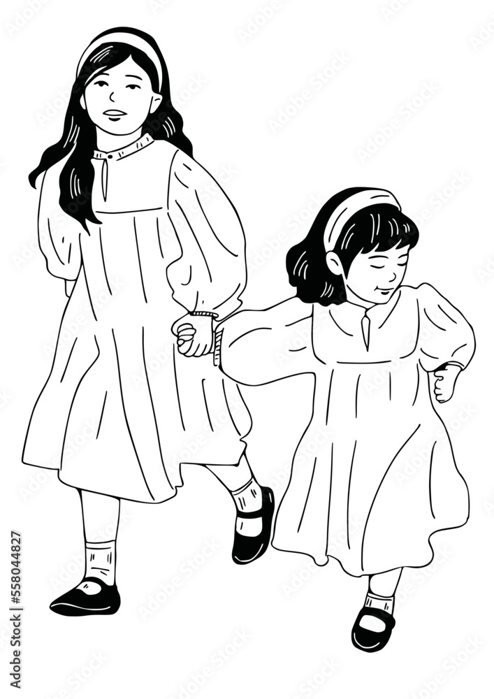 two girls running hand drawn illustration two girls running hand drawn illustration