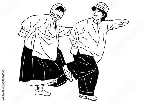 Two women dancing in the city, art portrait of simple people living