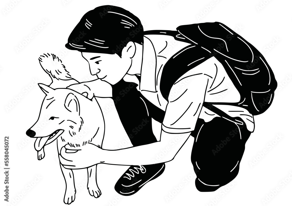 Fototapeta premium Man Walking Dog casual style man wearing street art hand drawn illustration