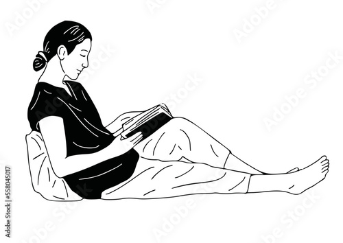 woman reading a book leisure time home life hand drawn art illustration