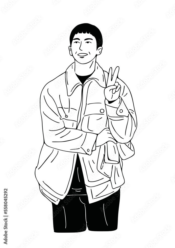 man raising 2 fingers happy smile free time art hand drawn illustration man raising 2 fingers happy smile free time art hand drawn illustration