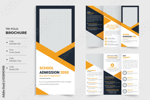 School admission and education trifold brochure design with dark and yellow colors. Academic training center promotion template vector. School facilities and activities brochure design for marketing.