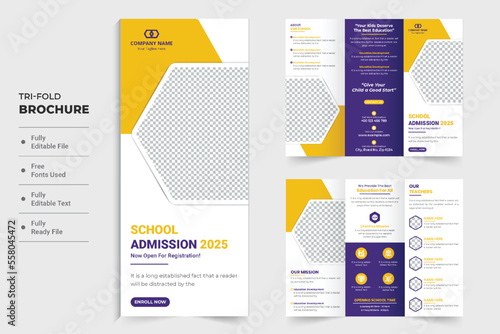 School admission and educational brochure design for marketing. Academic leaflet and trifold brochure with school activities section. Back to school trifold brochure design with photo placeholders.