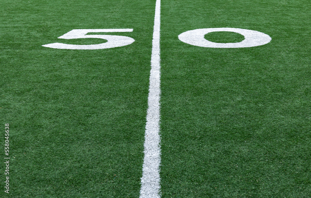 The fifty-yard line on an artificial football field. The fifty-yard line on an artificial football field.