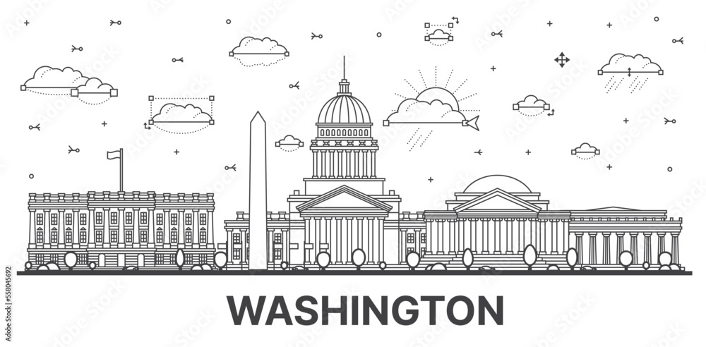 Outline Washington DC City Skyline with Historic Buildings Isolated on White. Vector Illustration.