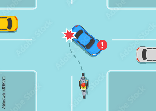 Safe car driving and bike riding tips and rules. Left turn in front of moving forward motorcycle. Car and motorcycle collision on crossroad. Flat vector illustration template.