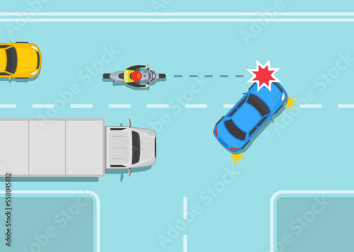 Safe motorcycle riding rules and tips. Dangerous right turn in front of hidden motorcycle. Changing lane in front of heavy vehicle. Top view. Flat vector illustration template.