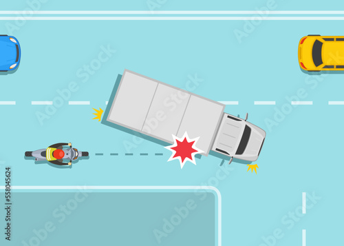 Safe motorcycle riding rules and tips. Right turn truck and motorcycle collision. Changing lane heavy vehicle and moto accident. Top view. Flat vector illustration template.