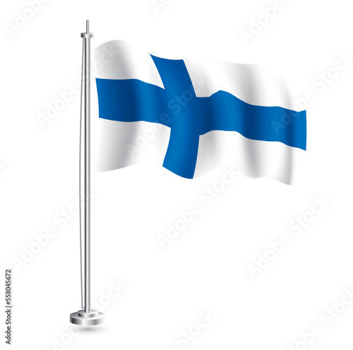 Finnish Flag. Isolated Realistic Wave Flag of Finland Country on Flagpole.