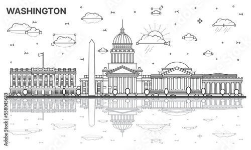Outline Washington DC City Skyline with Historic Buildings and Reflections Isolated on White. Vector Illustration.