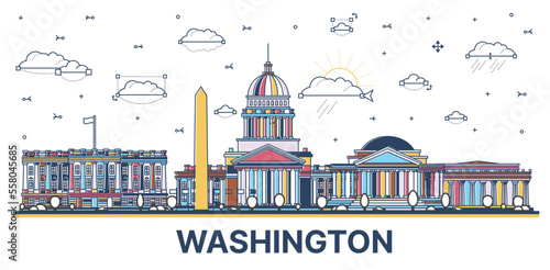 Outline Washington DC City Skyline with Colored Historic Buildings Isolated on White. Vector Illustration.