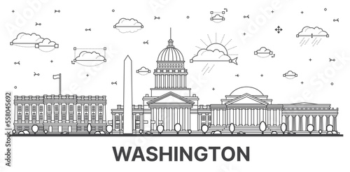 Outline Washington DC City Skyline with Historic Buildings Isolated on White. Vector Illustration.