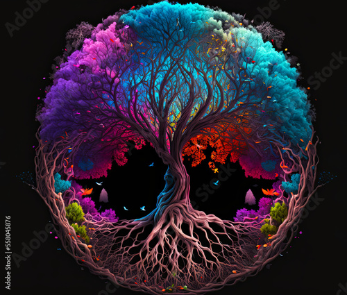Tree of life circular roots, colorful foliage, birds, on black background, generative AI