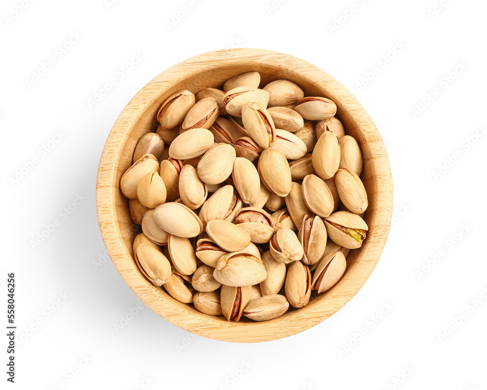 Bowl with tasty pistachio nuts isolated on white background Bowl with tasty pistachio nuts isolated on white background