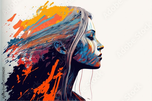 Colorful profile of a woman with paint splashes, abstract art on white background, copy space, generative AI
