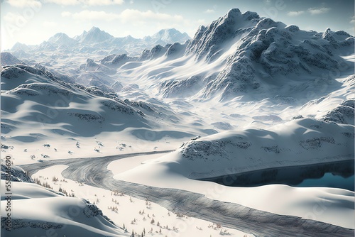  a painting of a snowy mountain landscape with a winding road in the foreground and a mountain range in the distance with snow on the ground and in the foreg Generative AI photo