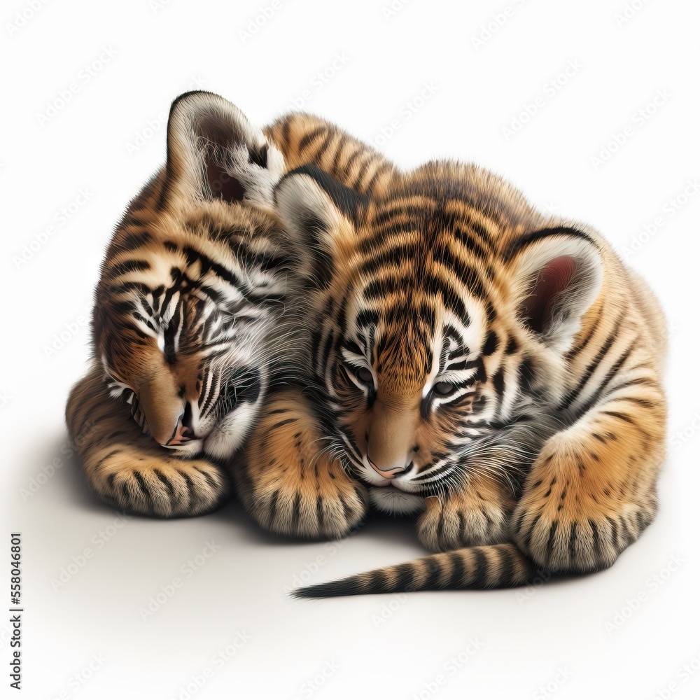 Fototapeta premium two baby tiger cubs cuddle together on a white background with their paws on their head and paws on their paws, as if they were lying down, they are cuddled together,. Generative AI