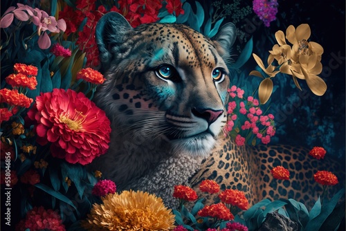  a painting of a leopard surrounded by flowers and flowers on a black background with a blue eyed leopard in the middle of the picture, and a yellow and red flowered, red,. Generative AI photo