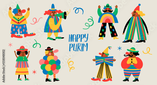 Purim holiday banner design with cute carnival clowns. Childish print for greeting cards, posters, invitations and stickers.