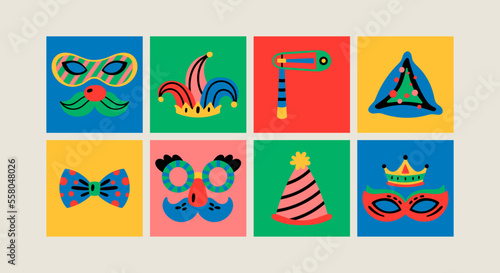 Purim holiday cute carnival costume masks and elements set. Childish print for greeting cards, posters, invitations and stickers.