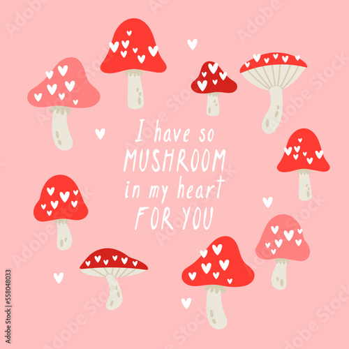 Valentine's day greeting card design with cute mushroom set. Childish print for stickers, party invitation and background