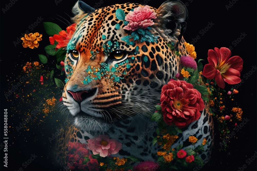 a painting of a leopard with flowers on its head and a flower