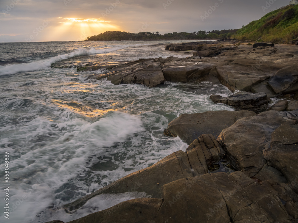 Coastal Sunrise with Waves Crashing Coastal Sunrise with Waves Crashing