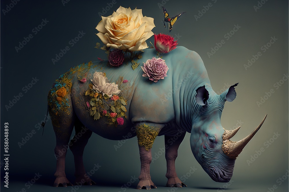 a rhino with flowers on its back and a rose on its back and a butterfly