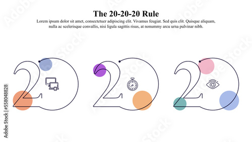 Infographic template of 20-20-20 rule for digital eye strain.