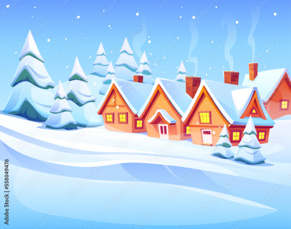 Winter landscape with snow, houses and forest. Nature scene of countryside with village cottages with chimney and smoke, fir trees and snowfall, vector cartoon illustration