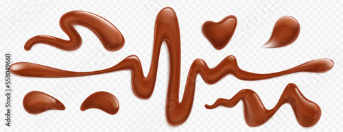 Chocolate drops, dark brown liquid glossy ganache sauce or syrup blobs, melt smudges isolated on transparent background. Sweet choco textured spots, design elements, Realistic 3d vector set
