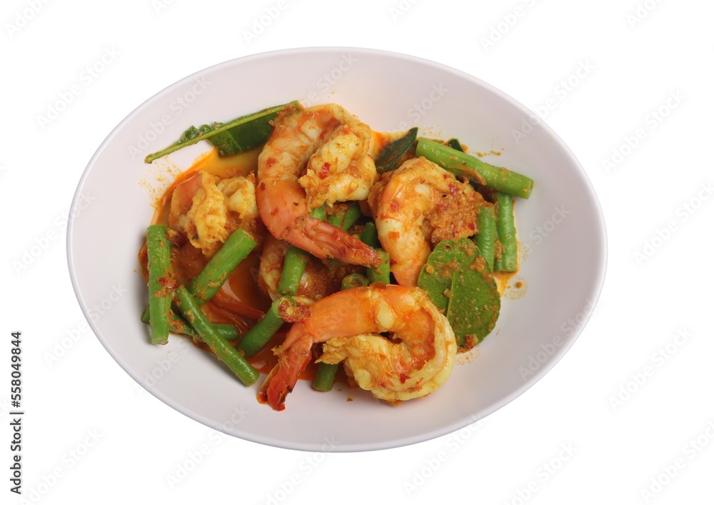 Stir Fried Prawns with Chili Paste on White Background Stir Fried Prawns with Chili Paste on White Background