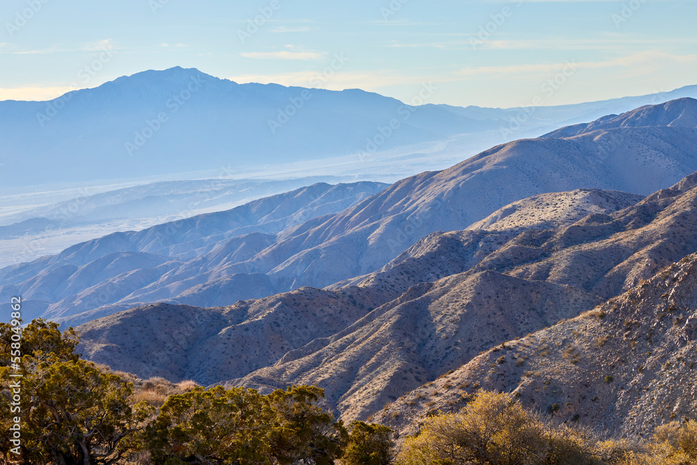 Mountain top scenic view from Keys View in Joshua Tree National Park, California USA