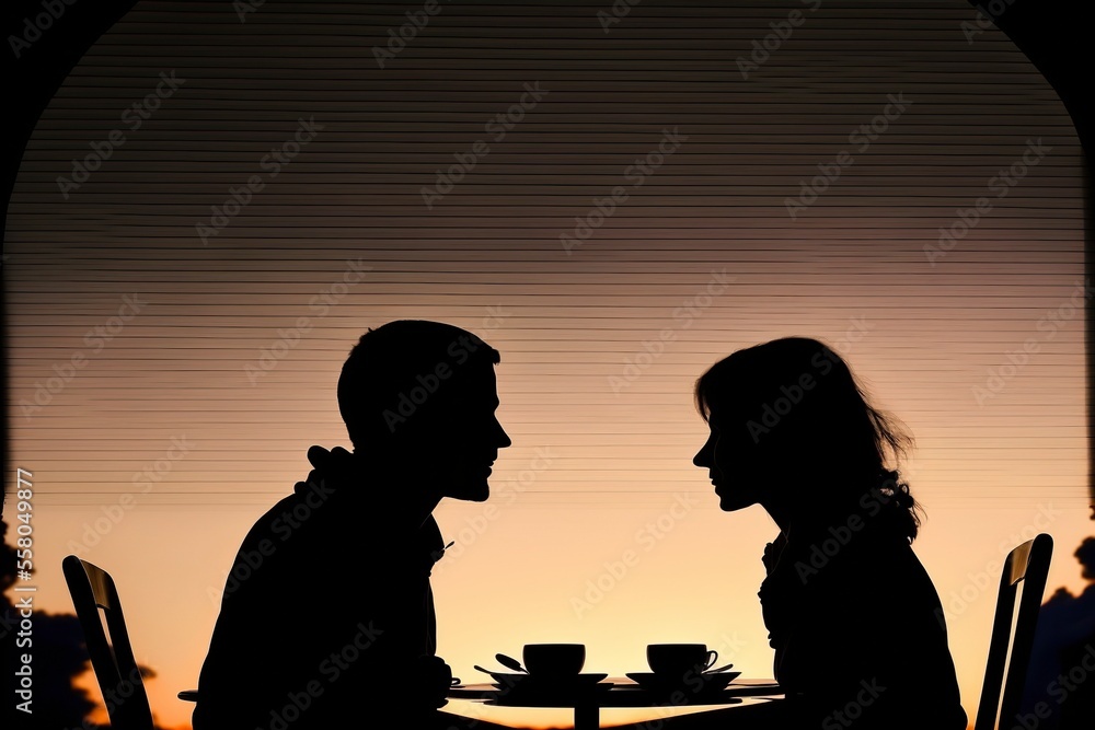 silhouette of a couple eating a romantic dinner - generative ai