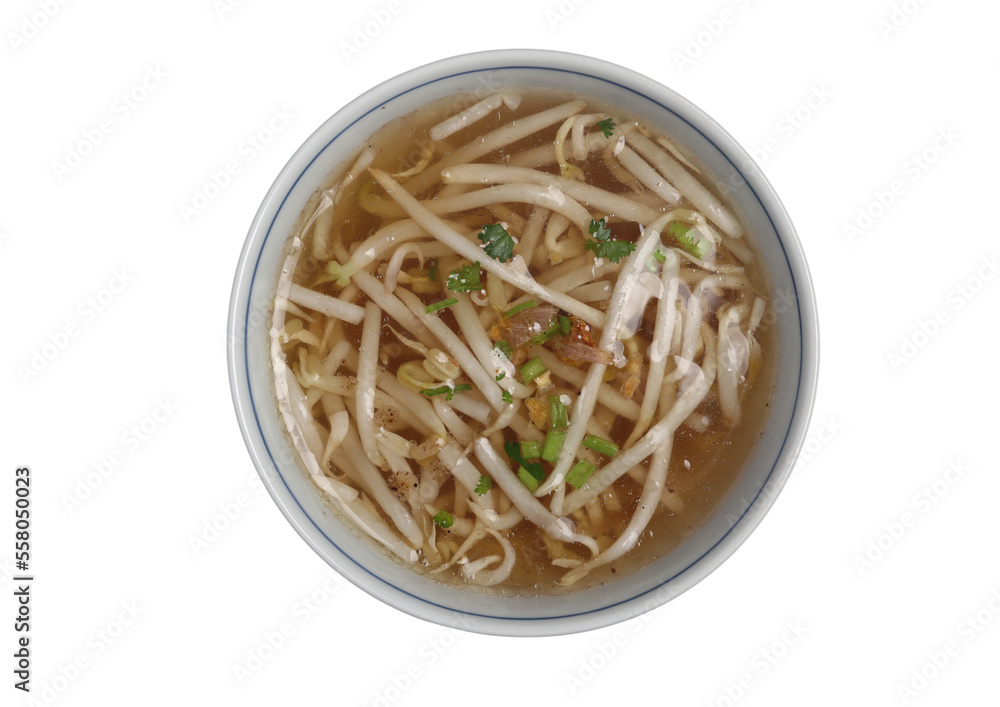 Clear bean sprout soup in white cup on white background