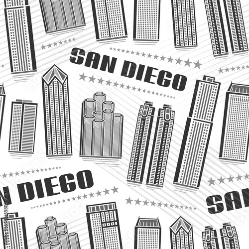 Vector San Diego Seamless Pattern, repeat background with illustration of famous american city scape on white background for wrapping paper, monochrome line art urban poster with dark text san diego photo