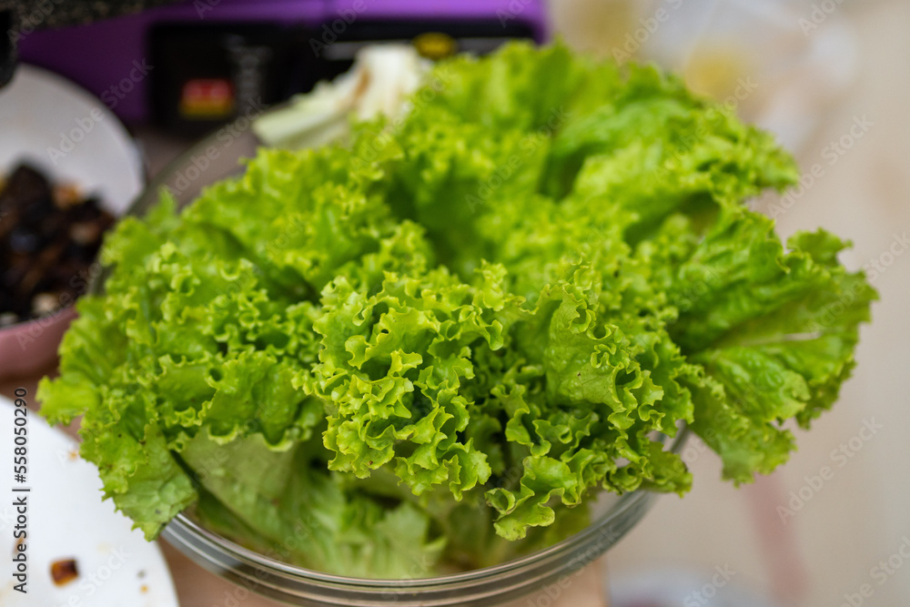 Green Lettuce inside bowl in front of grilling stove with cooking ingredients Green Lettuce inside bowl in front of grilling stove with cooking ingredients