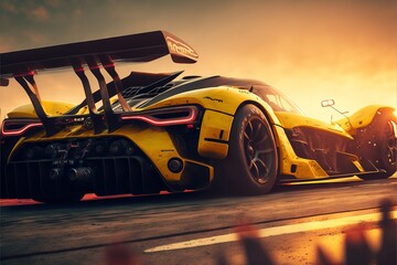 Fototapete Autos  a yellow race car driving down a race track at sunset or sunrise with the sun shining on the car and the roof down on the track, with the lights on the front of the car. Generative AI  © Oleg