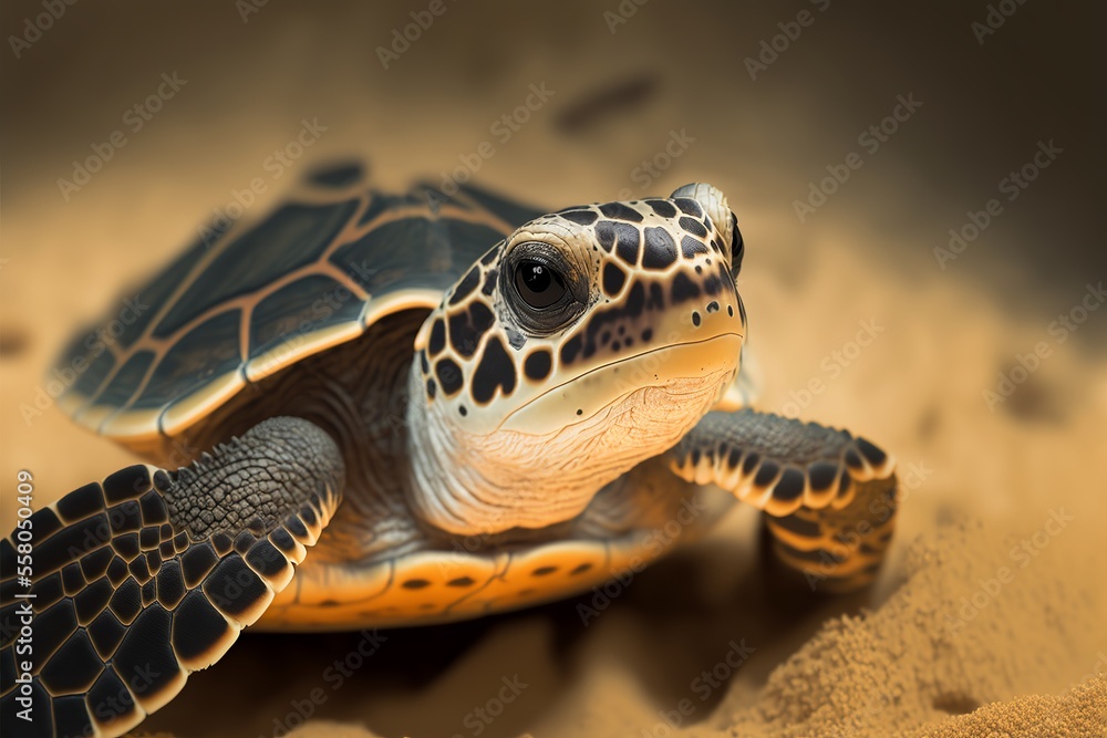 Fototapeta premium A Tiny Baby Turtle Making its Journey Across the Sand