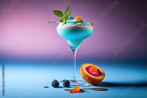  a blue drink with a garnish and fruit on the side of it, with a garnish garnish on the side of the glass and a garnish on the side. Generative AI