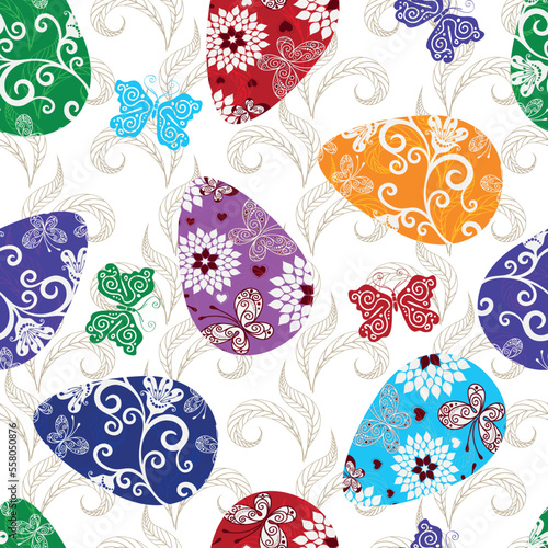 Vector Easter seamless pattern with colorful eggs and vintage pattern and butterflies on a  transparent background
