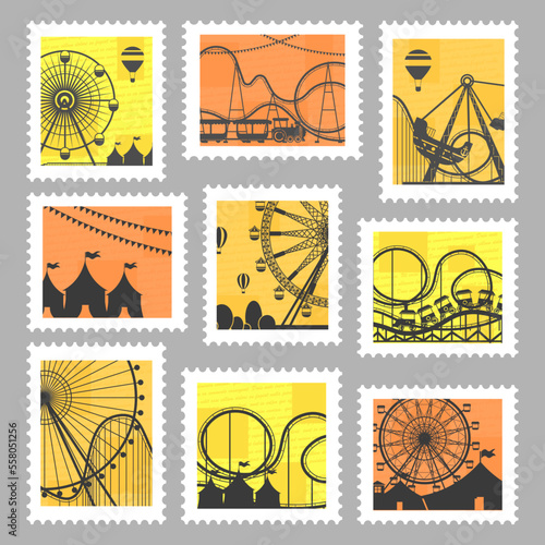 Postal stamp set with fair carousels silhouette
