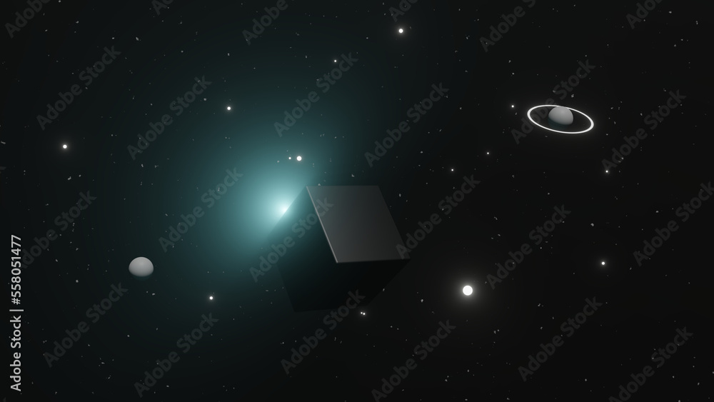 The illustration 3d render of abstract black cube box floating in the space  