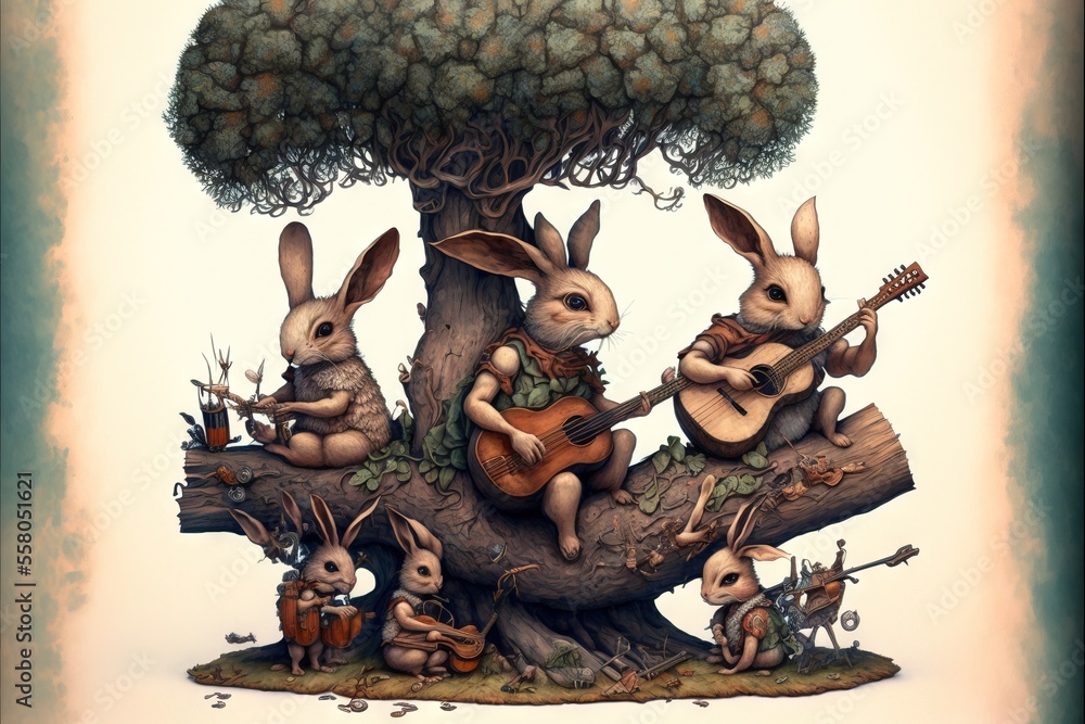 a group of rabbits sitting on top of a tree with a man playing a guitar