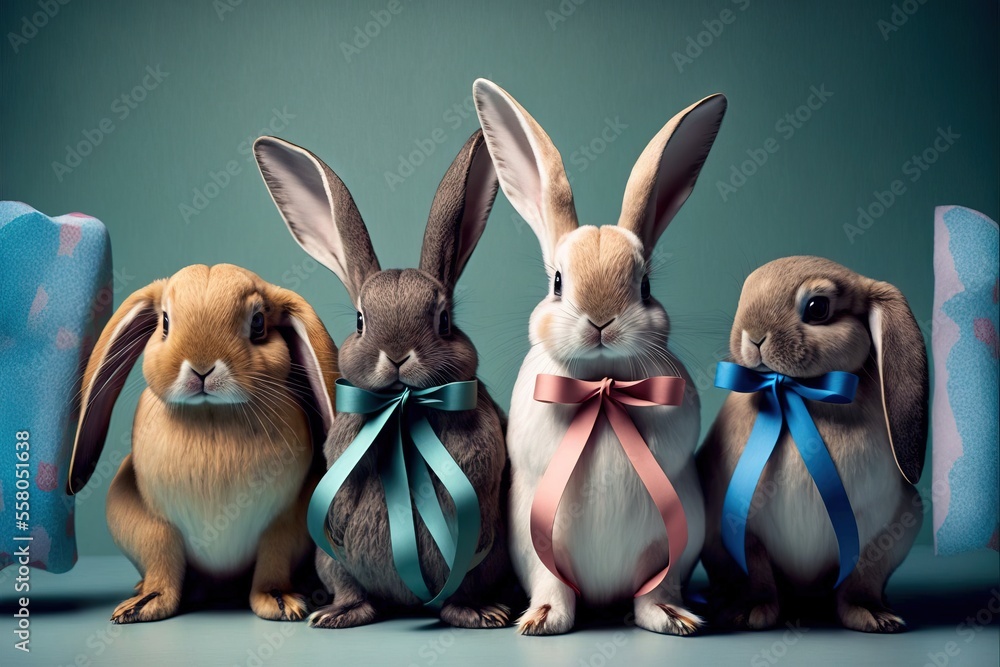 a group of rabbits sitting next to each other on top of a blue surface ...