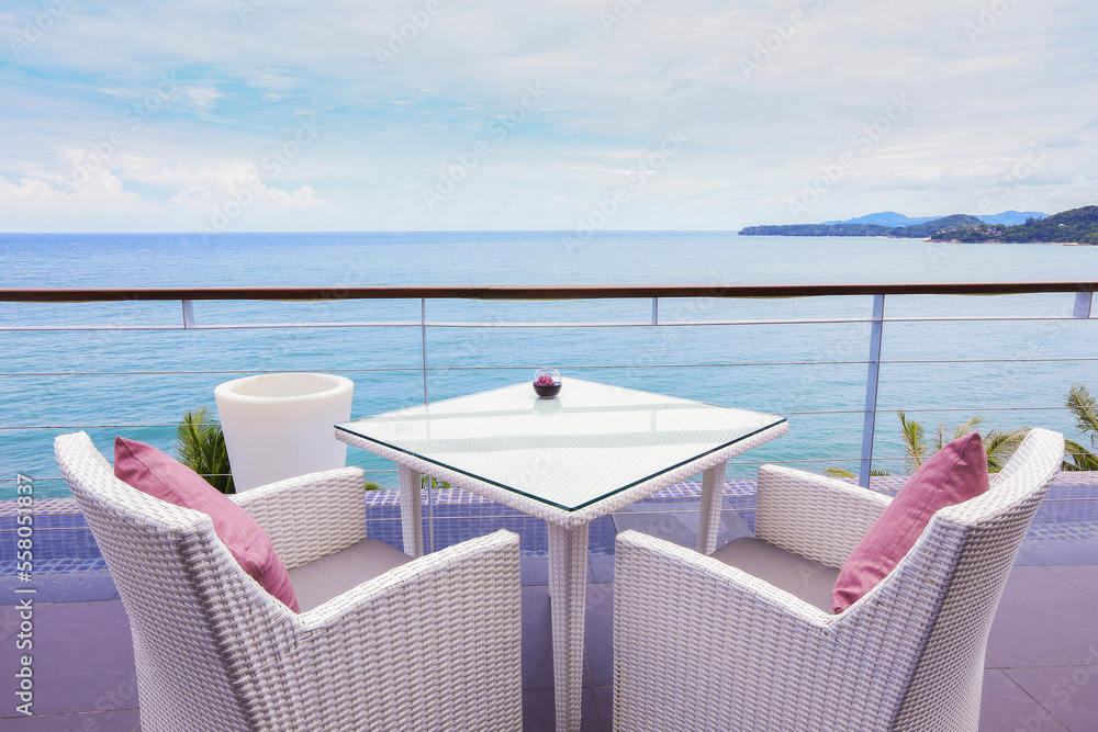 Fototapeta premium Tables on the balcony in a sea view hotel