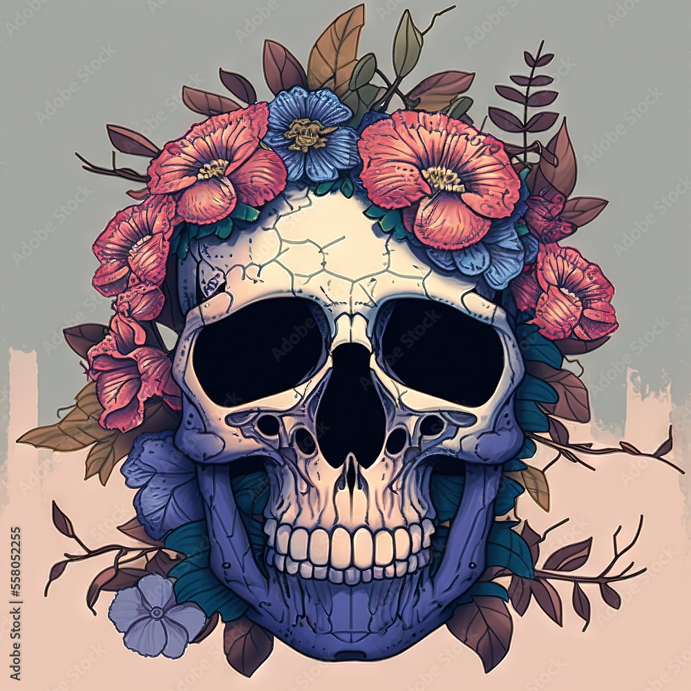 a skull with flowers on it's head and a flower crown on top of it's head,