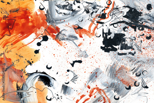 Modern abstract expressionism designed on canvas with chaotic splatter paint, watercolor streaks and acrylic brushstrokes. Contemporary art background. Mixing orange, red and black colors.