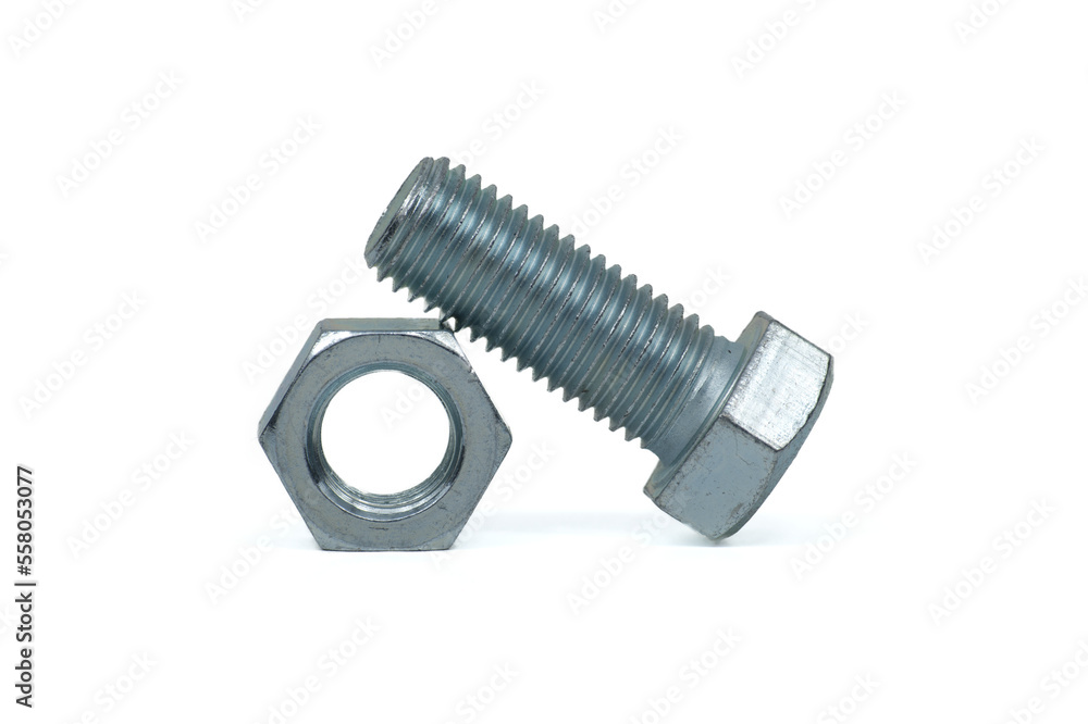 Zinc plated bolt and nut isolated on white background Zinc plated bolt and nut isolated on white background