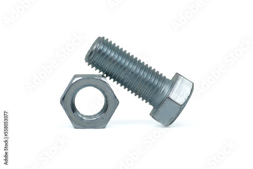 Zinc plated bolt and nut isolated on white background